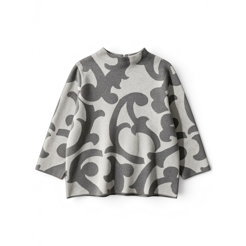 Chico's Damask Knit Sweater Women L Art to Wear Modern Fall Fashion Gray Zipper